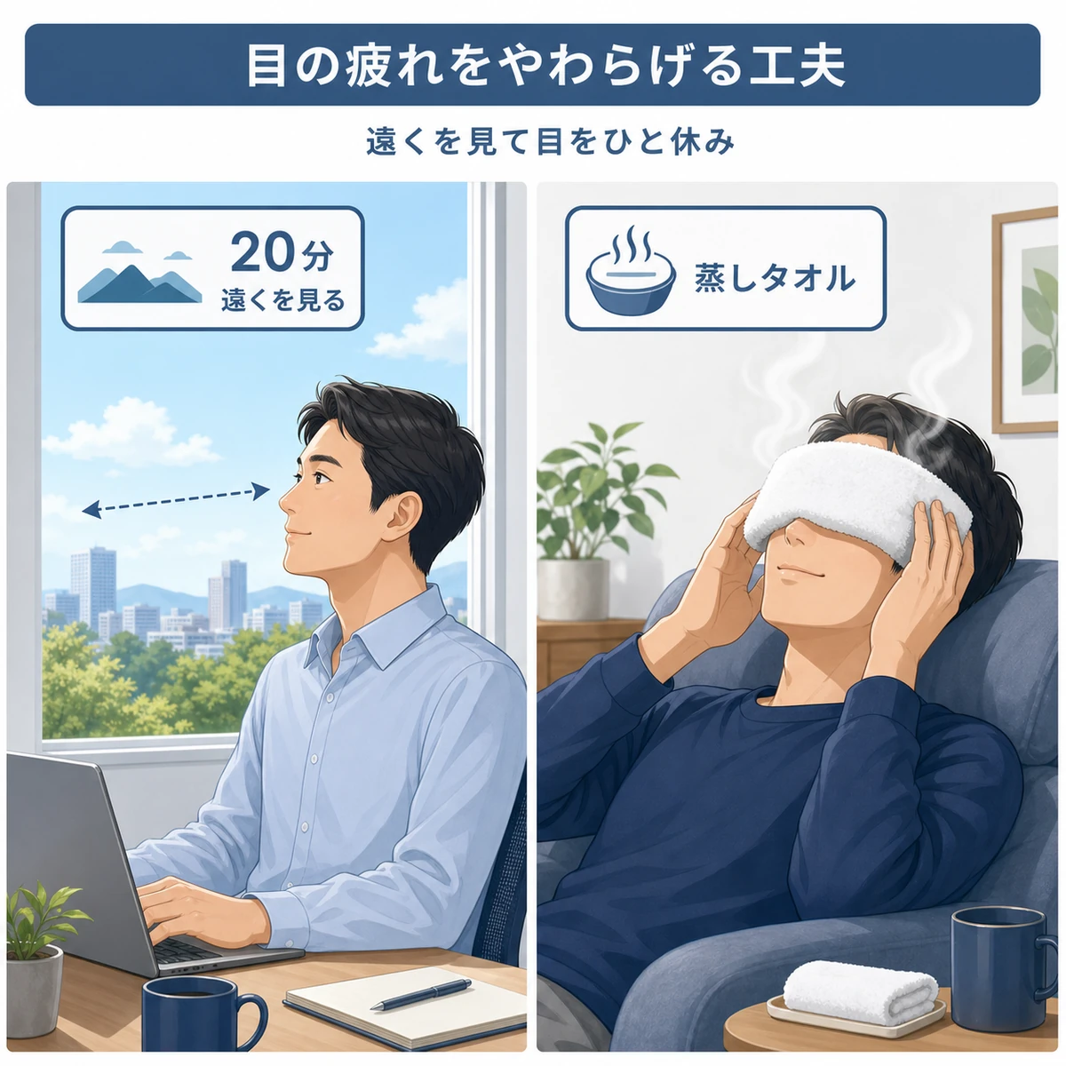 遠くを見る習慣と蒸しタオルで眼精疲労をやわらげる工夫を表した医療イラスト
