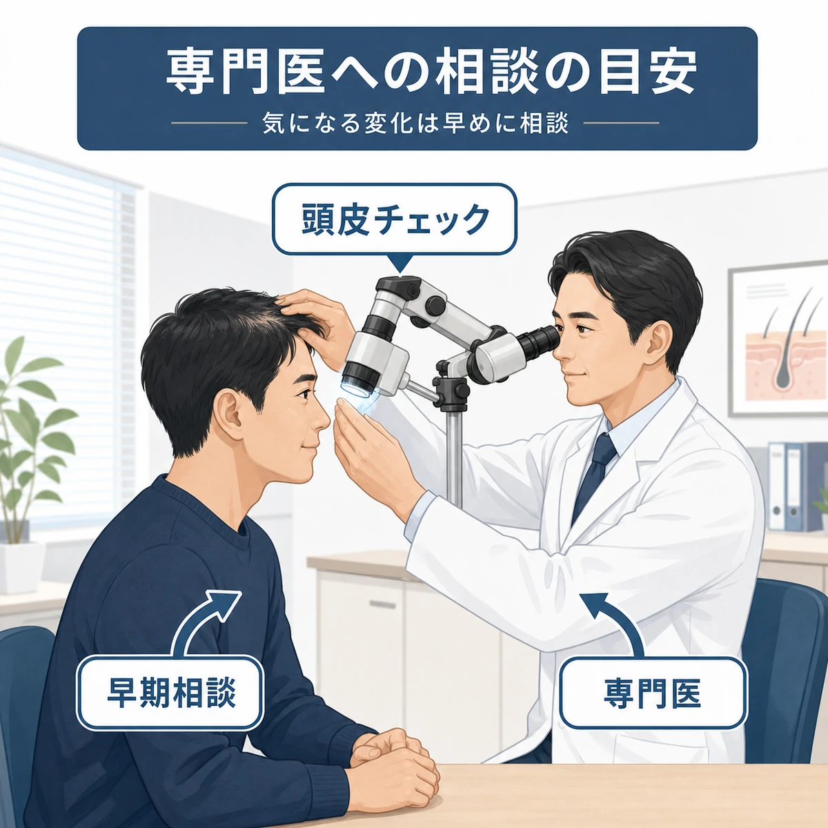 頭皮の硬さや抜け毛を専門医に相談する場面を表した医療イラスト