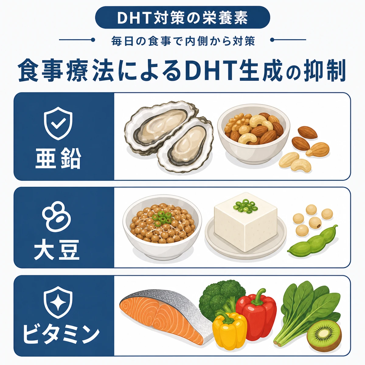 亜鉛や大豆など薄毛対策に役立つ栄養素と食材をまとめた医療イラスト