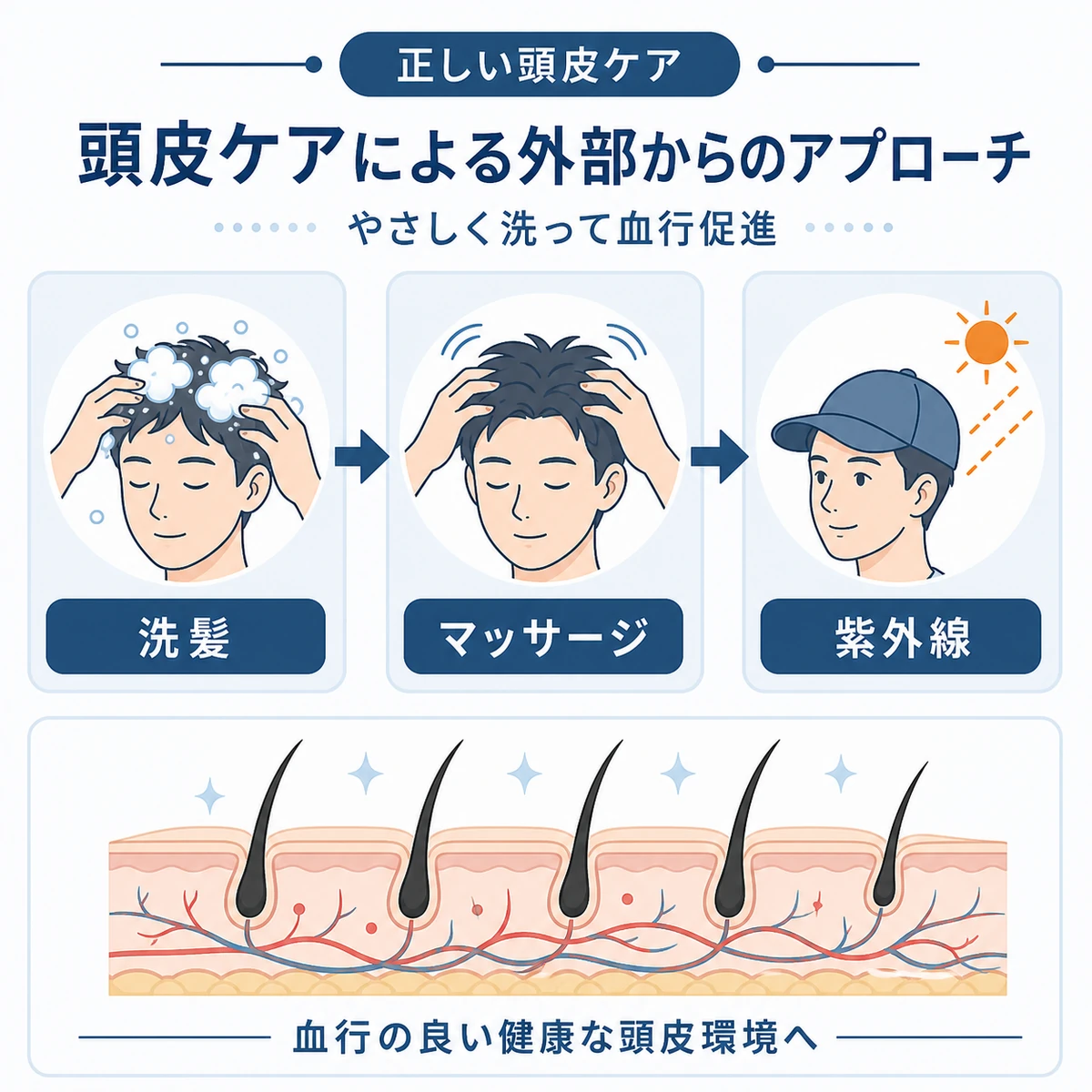 やさしい洗髪やマッサージや紫外線対策など頭皮ケアの手順を示した医療イラスト