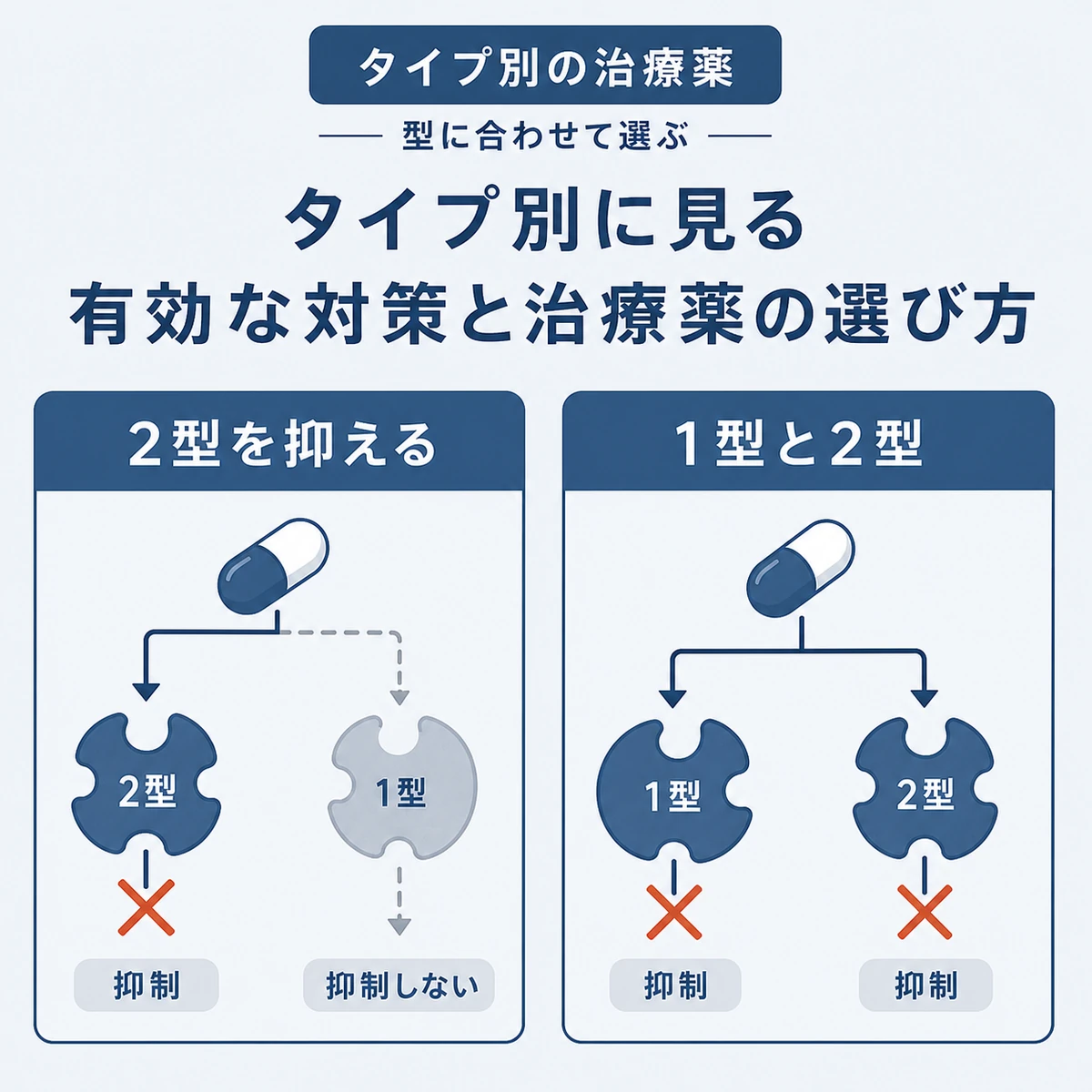 治療薬ごとに抑える酵素の範囲をタイプ別に比較した医療イラスト