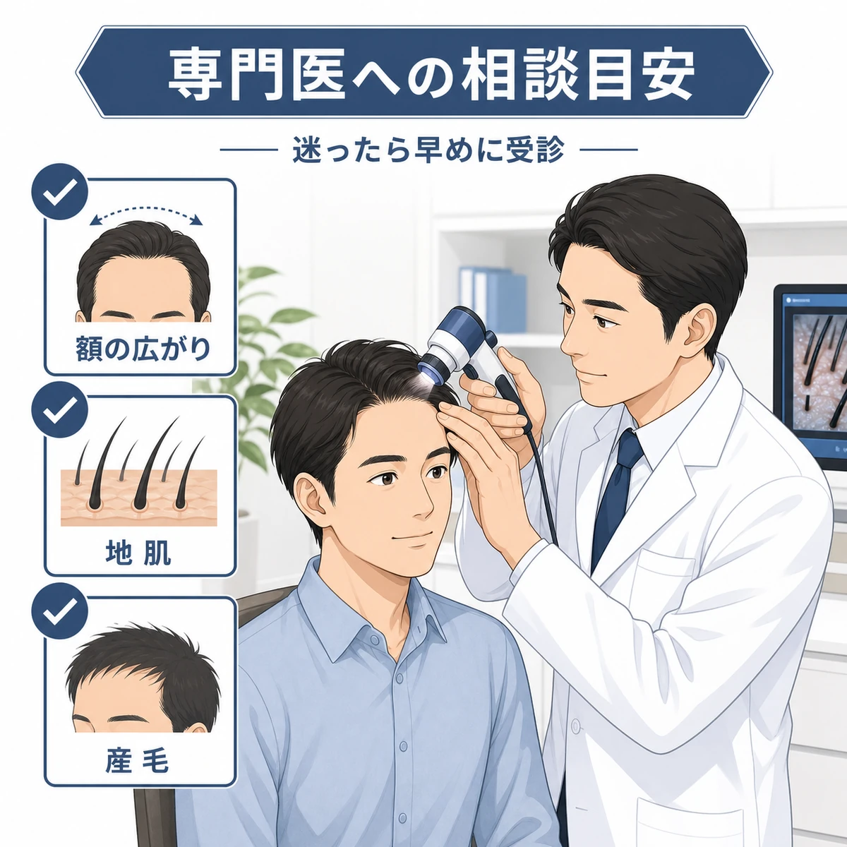 成人男性がクリニックで生え際の検査を受ける相談の目安を表した医療イラスト