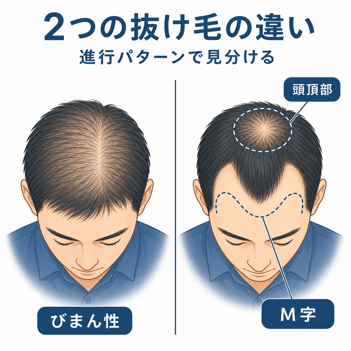 薬剤性脱毛症のびまん性とAGAの進行パターンの違いを成人男性の頭部で対比した医療イラスト