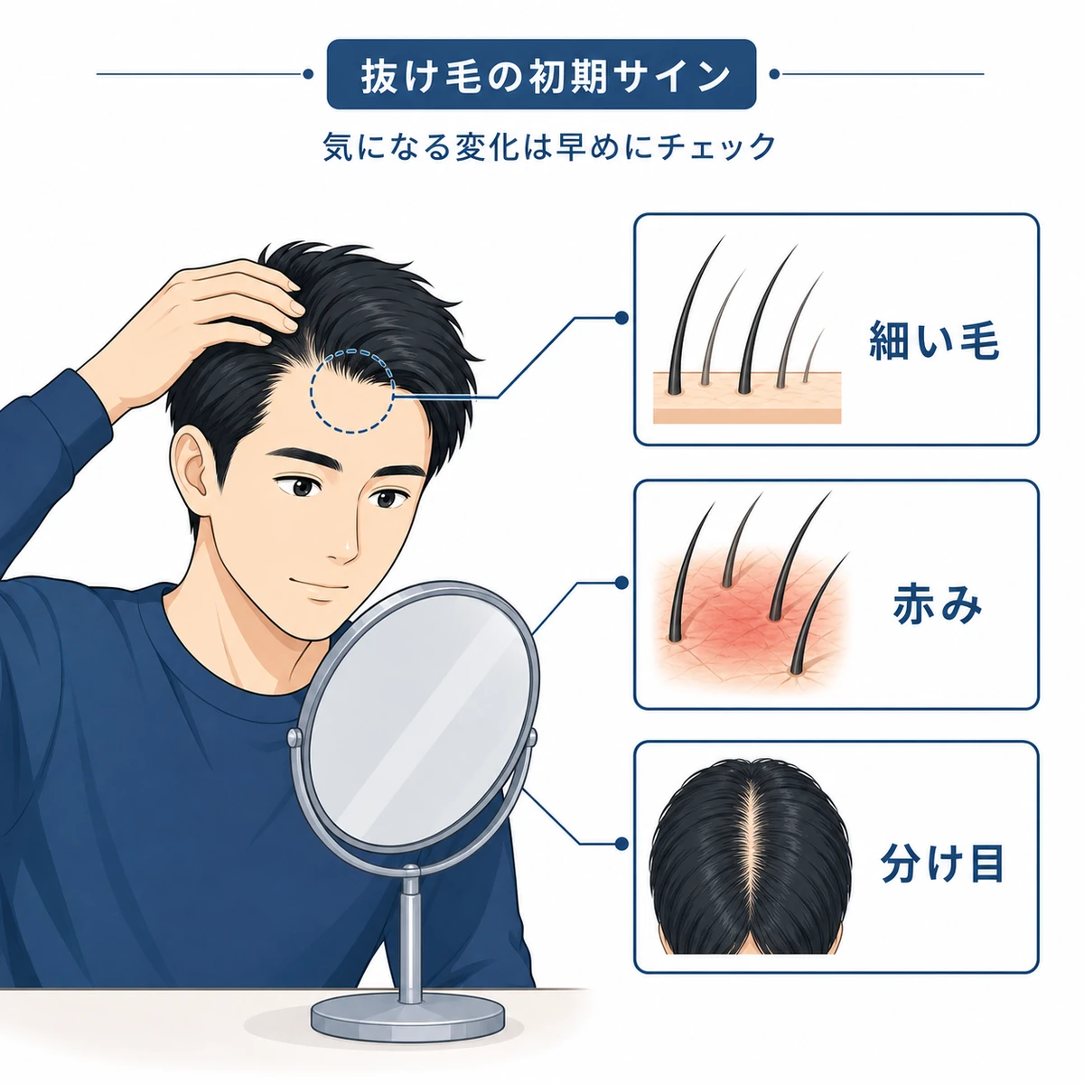 抜け毛の初期サインを鏡でセルフチェックする男性を描いた医療イラスト