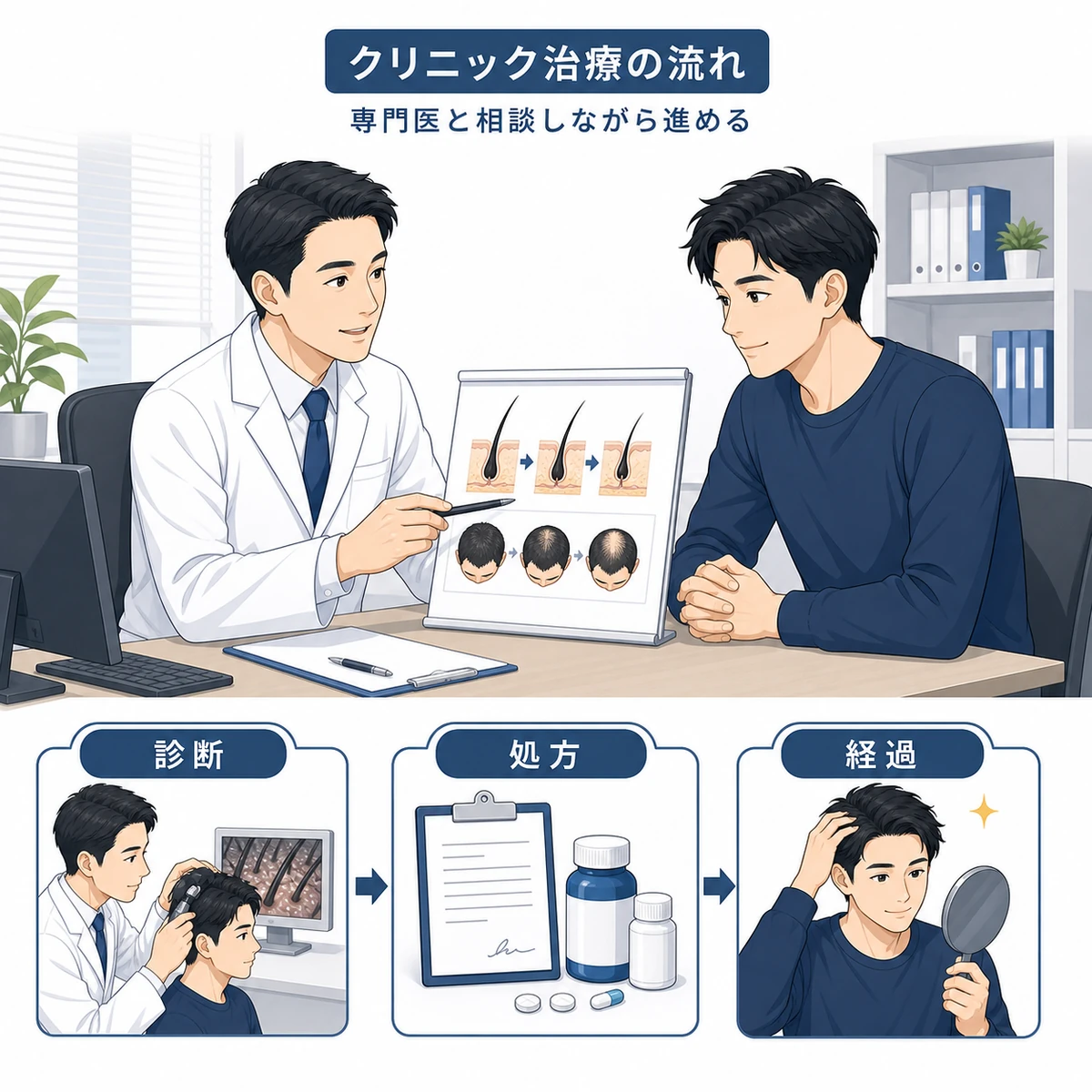 男性患者が男性医師に相談しながら治療を進めるクリニックの流れを描いた医療イラスト
