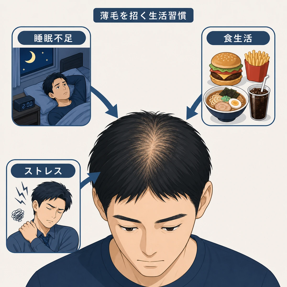 睡眠不足や偏った食事やストレスが20代の頭皮環境を悪化させる要因を表した医療イラスト