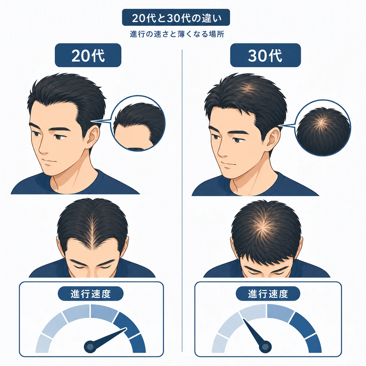 20代と30代以降で薄毛の進行速度や薄くなる部位が異なることを表した医療イラスト