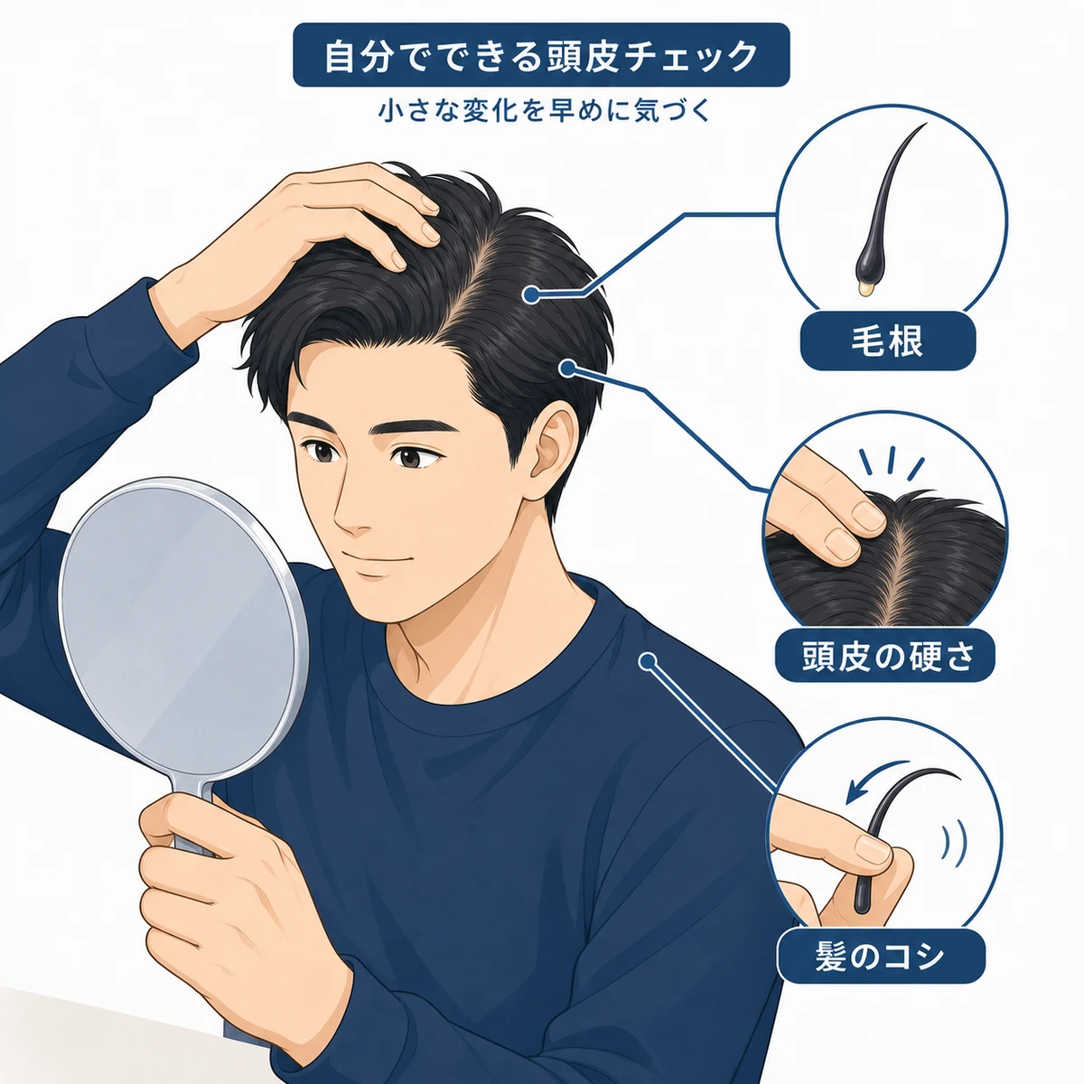 抜け毛の毛根の形や頭皮の硬さなど自分で確認できるチェック方法を表した医療イラスト