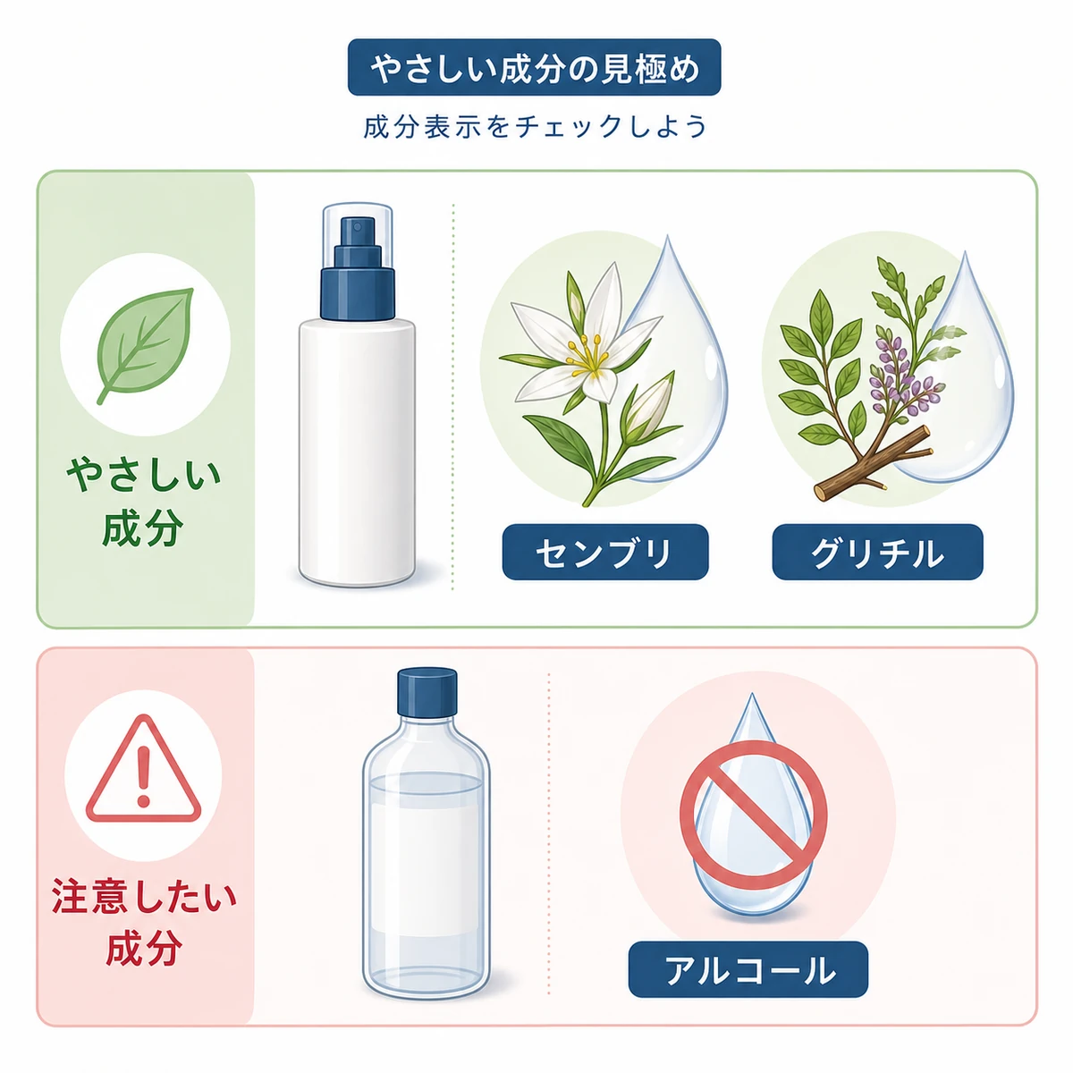 頭皮にやさしい成分と刺激の強い成分を比べた育毛剤のイラスト