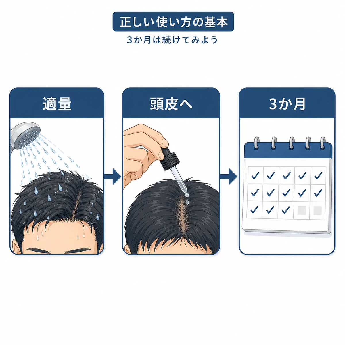 育毛剤を頭皮に正しくなじませる使い方の手順を表した医療イラスト