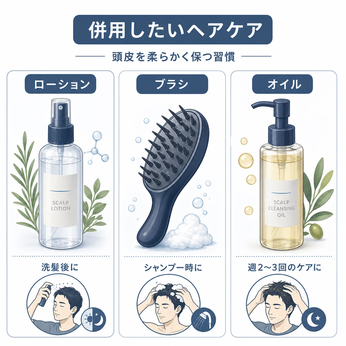 育毛剤と併用する頭皮ケアアイテム3種を分類して表した医療イラスト