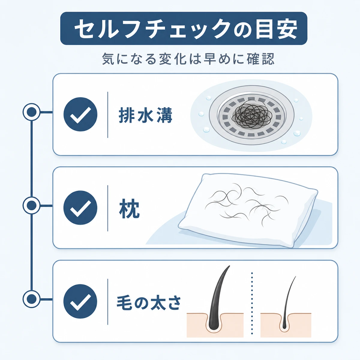 自宅でできる抜け毛のセルフチェック項目を表した医療イラスト