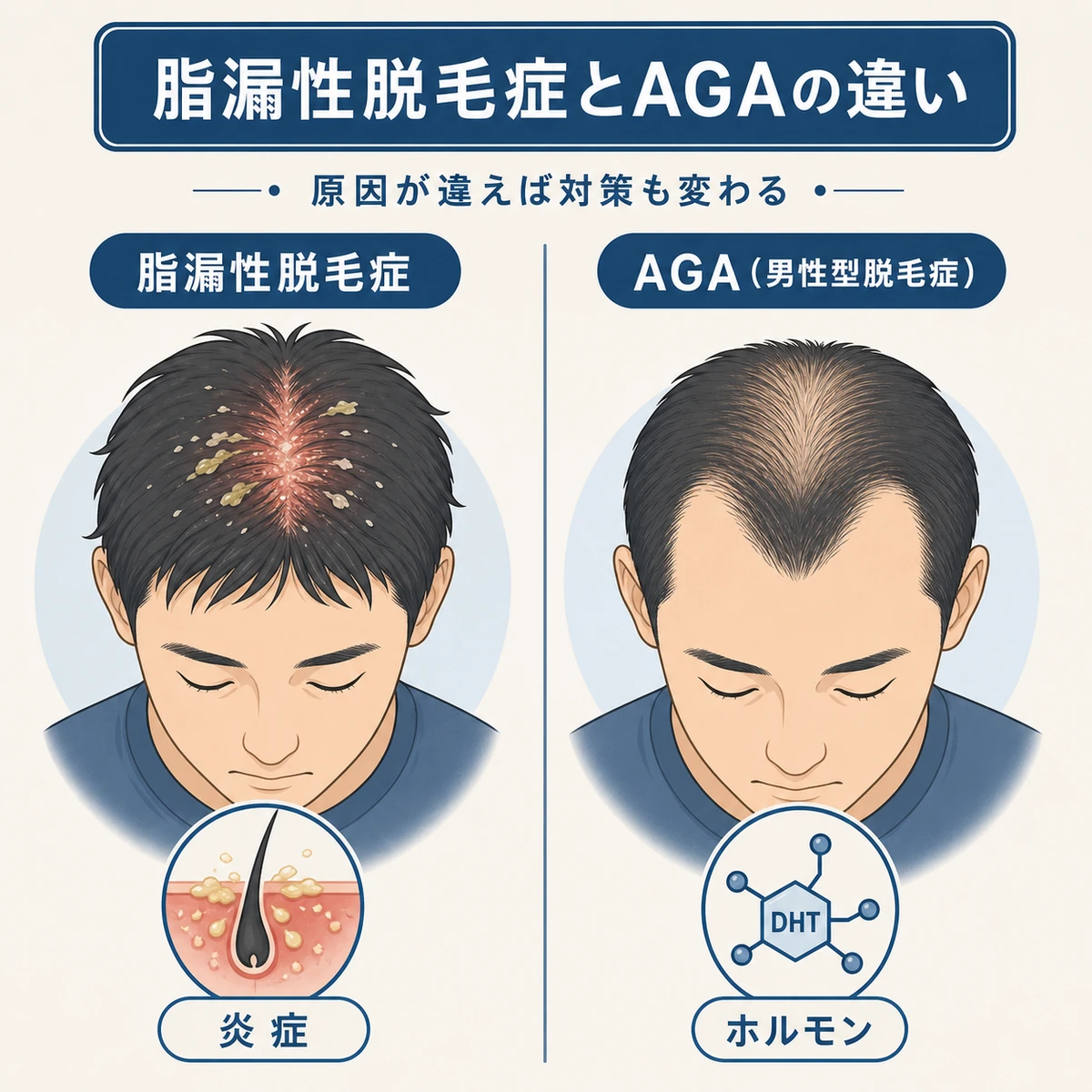 脂漏性脱毛症とAGAの原因や抜け方の違いを左右で見比べた医療イラスト