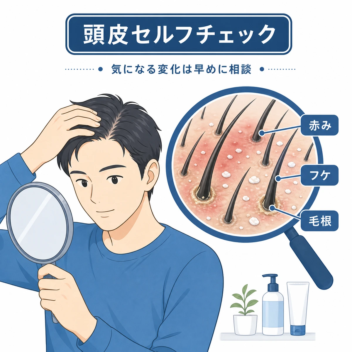 鏡と虫めがねで頭皮の赤みや毛根のベタつきを確かめるセルフチェックの医療イラスト