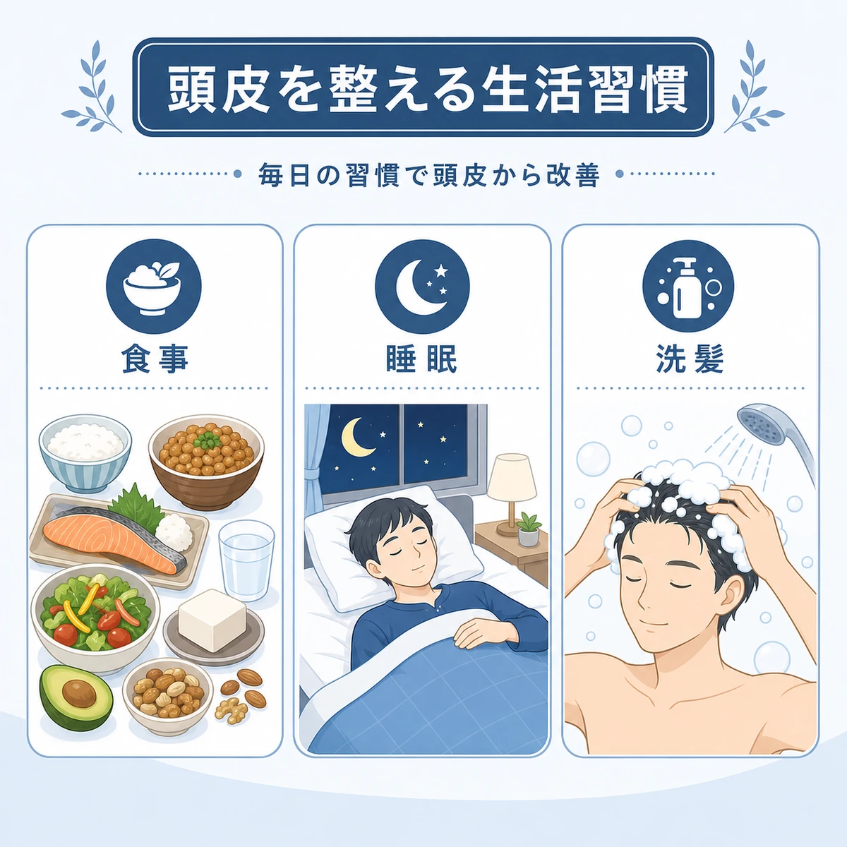 食事と睡眠と正しい洗髪で頭皮環境を整える生活習慣を描いた医療イラスト