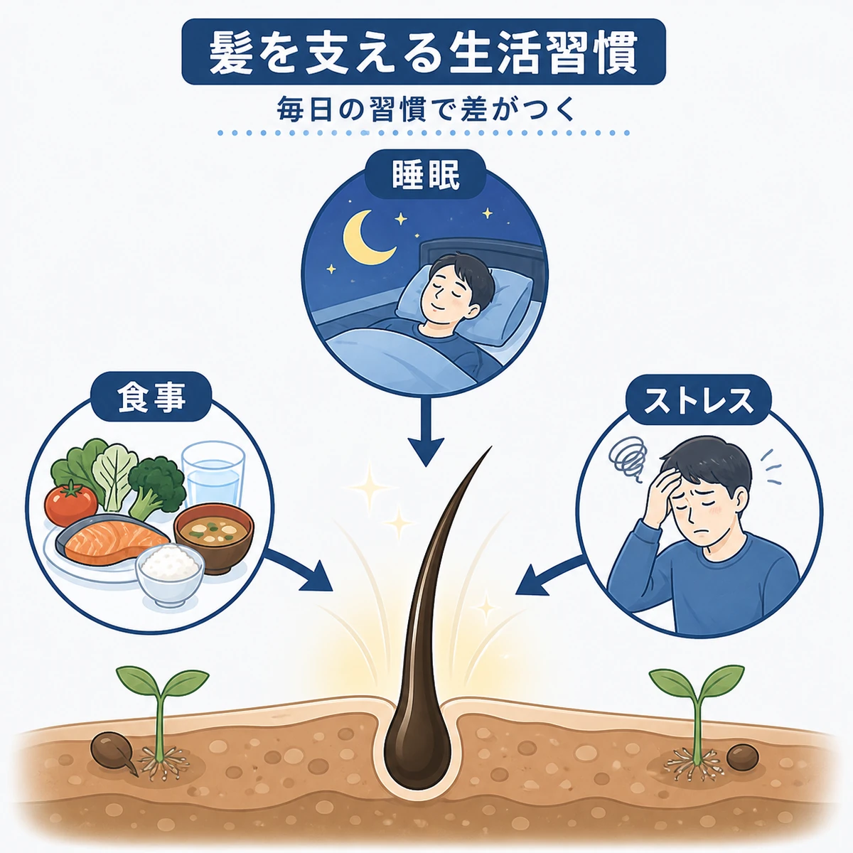 睡眠や食事などの生活習慣が髪の健康に与える影響を表した医療イラスト