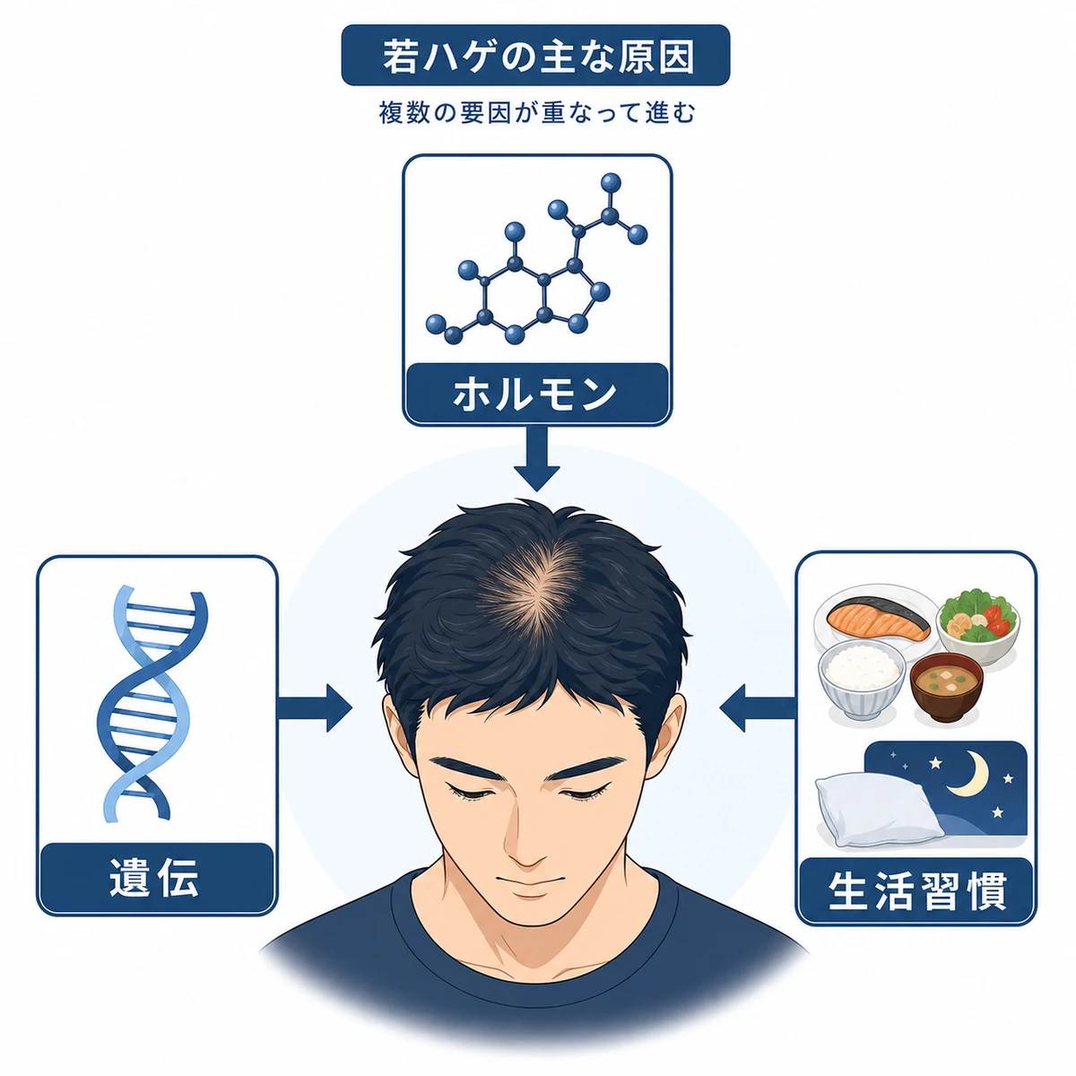 DHTや遺伝、生活習慣など複数の原因が薄毛につながる関係を表した相関図の医療イラスト