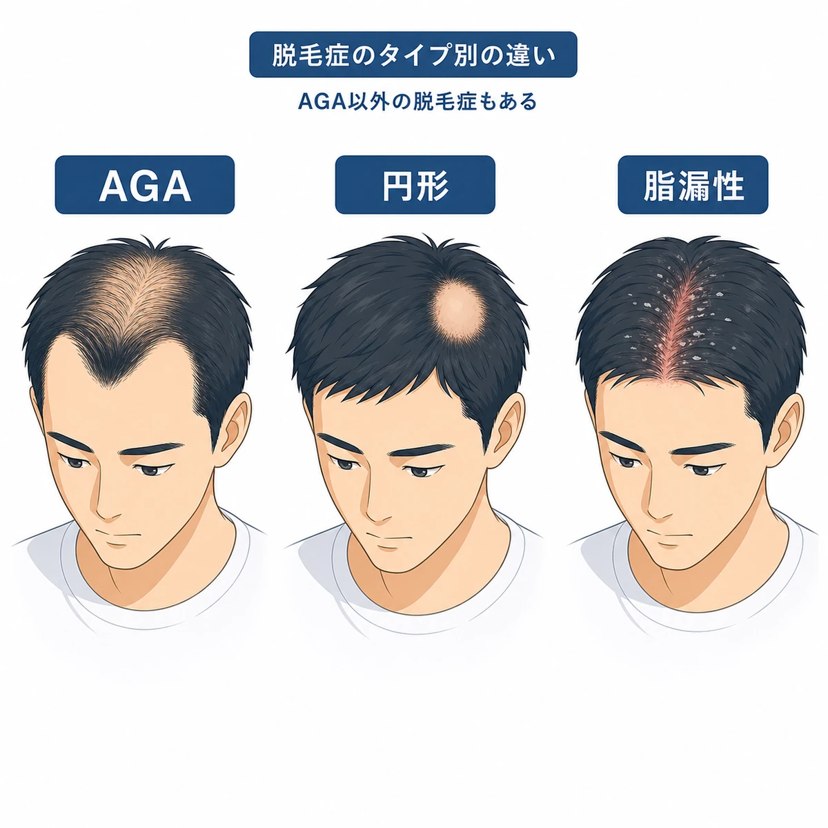 AGAと円形脱毛症、脂漏性脱毛症の症状の違いを並べて比べた医療イラスト