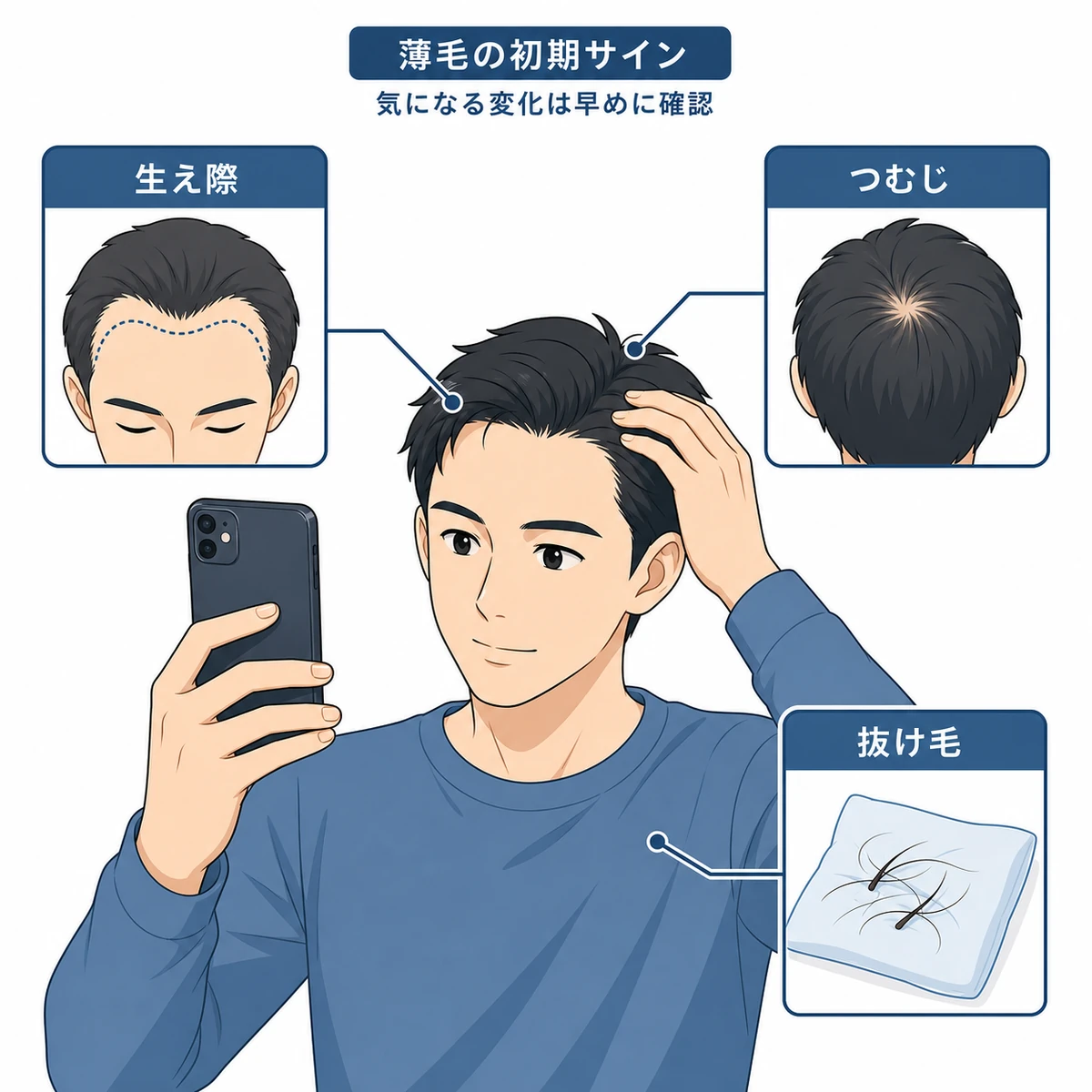 鏡やスマホで生え際やつむじの変化を確かめる男性と薄毛の初期サインを表した医療イラスト