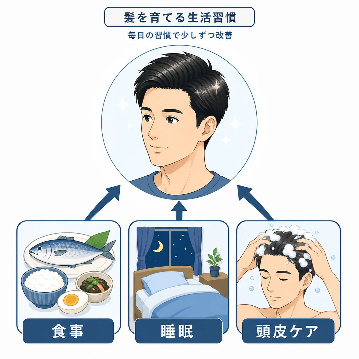 食事や睡眠、頭皮ケアといった生活習慣が健康な髪につながる流れを描いた医療イラスト