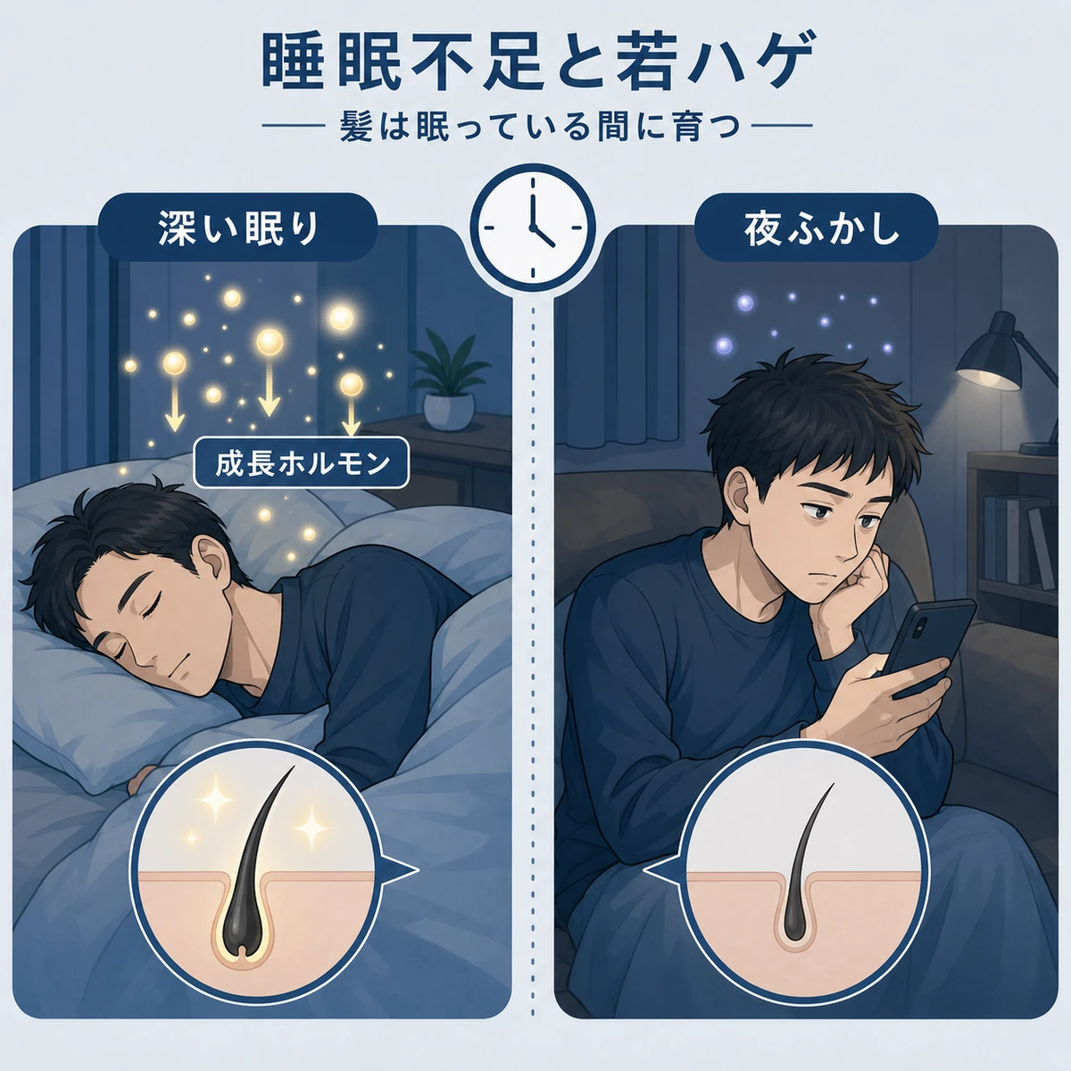 睡眠の質によって成長ホルモンと髪の状態が変わる違いを比べた医療イラスト