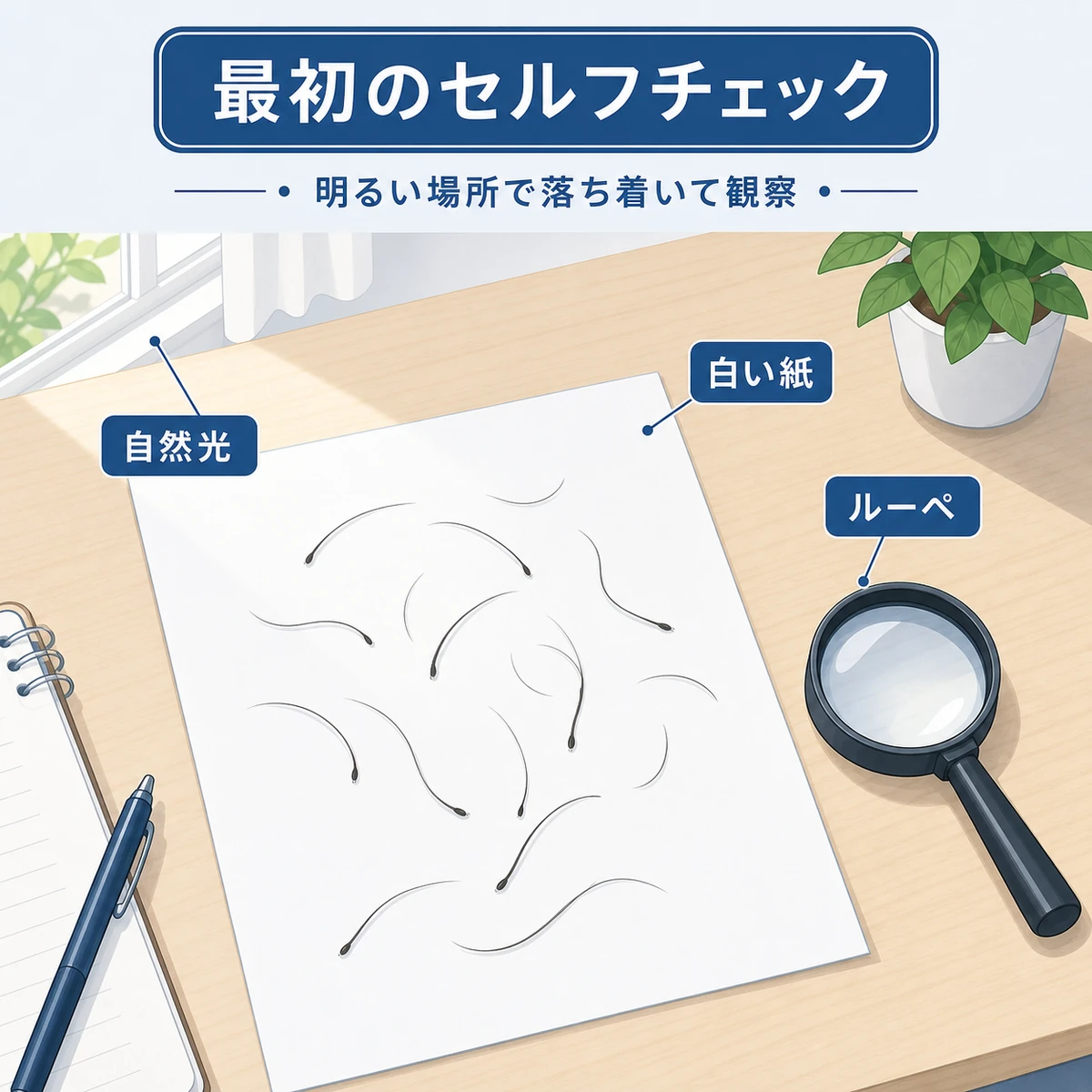 抜け毛を白い紙の上に並べて明るい光のもとで観察するセルフチェックの様子を描いた医療イラスト