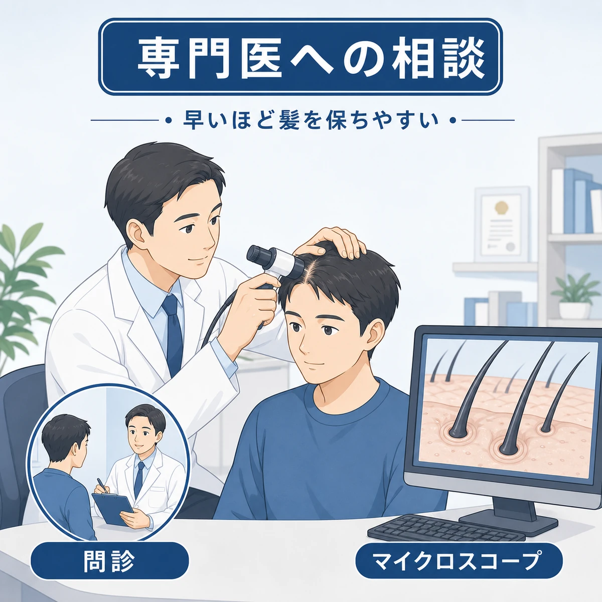 クリニックで医師が頭皮をマイクロスコープで診察し相談する場面を描いた医療イラスト