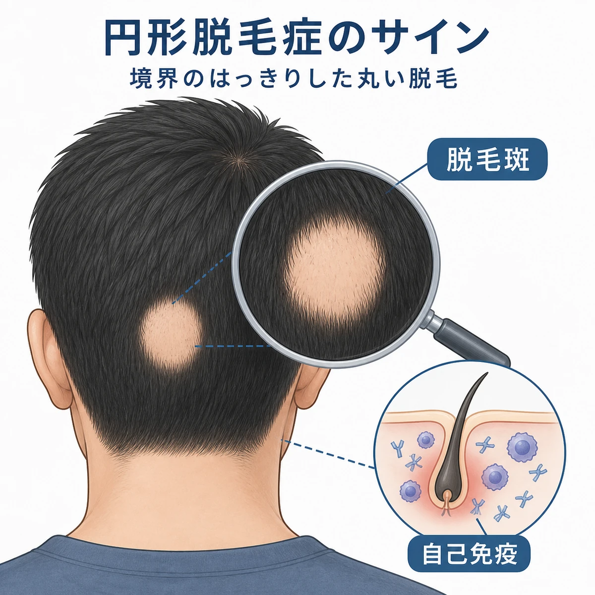 円形脱毛症の境界が丸い脱毛斑の特徴を拡大して表した医療イラスト