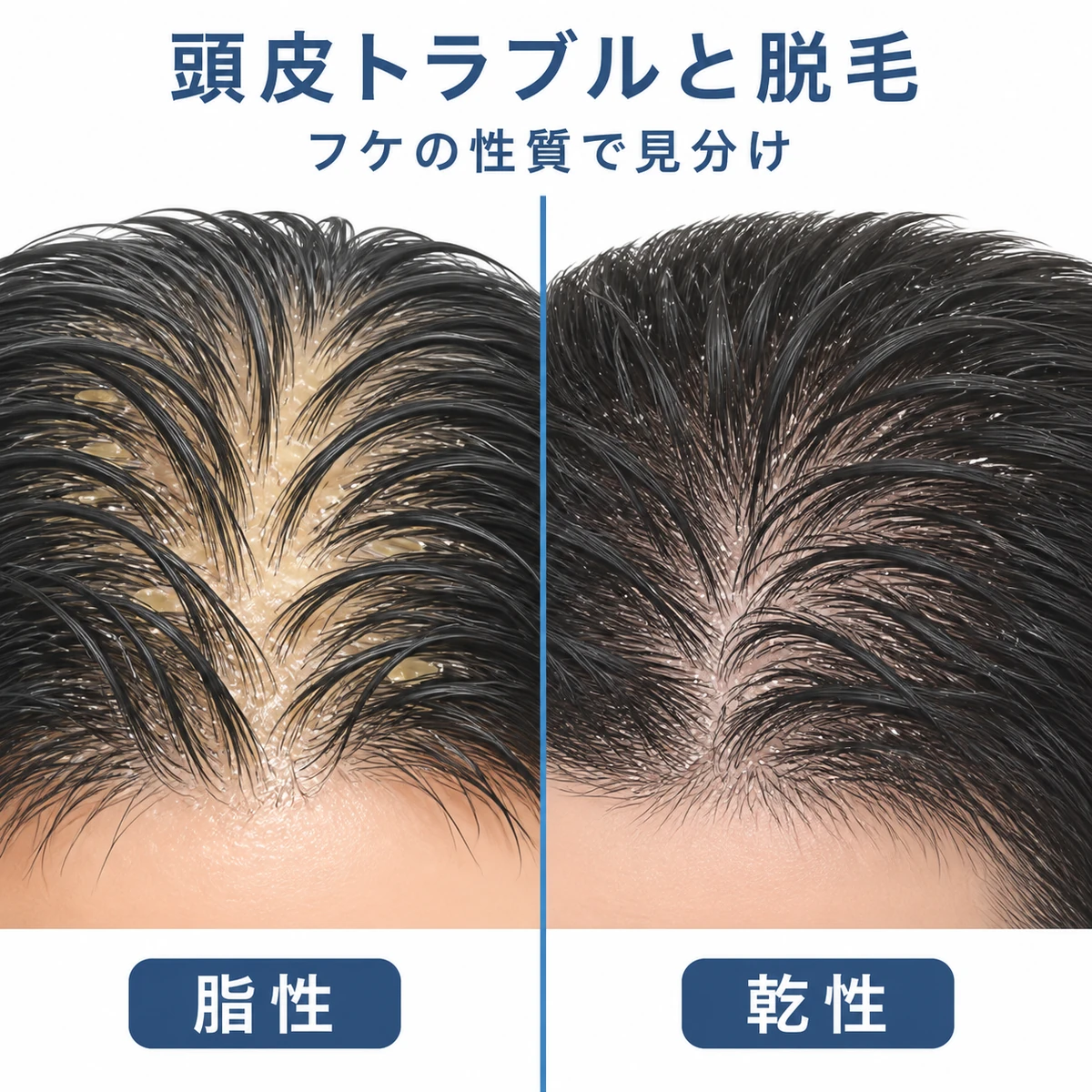 脂漏性と粃糠性のフケの違いを左右で見比べた頭皮トラブルの医療イラスト