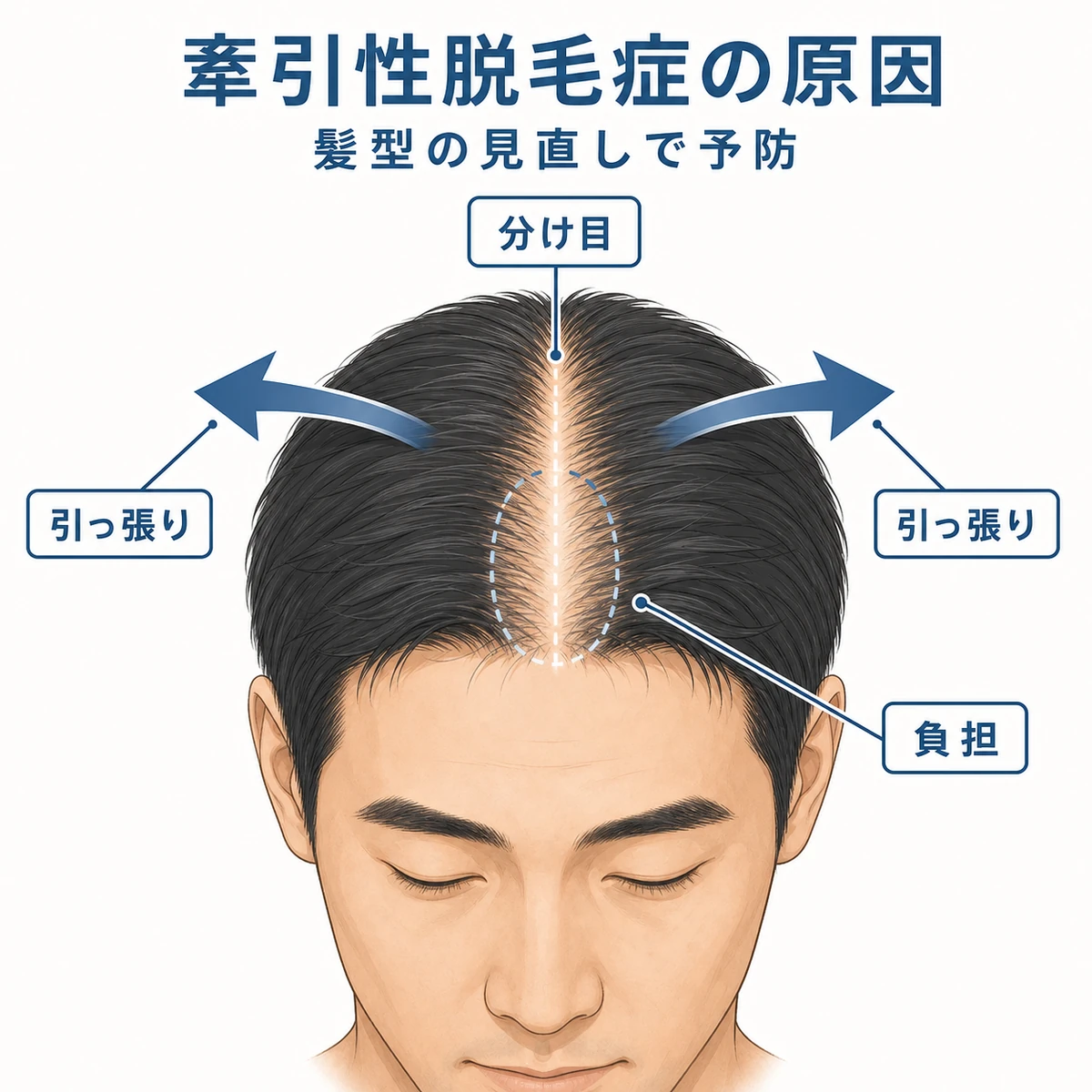 牽引性脱毛症が分け目への引っ張りで起こる仕組みを表した医療イラスト