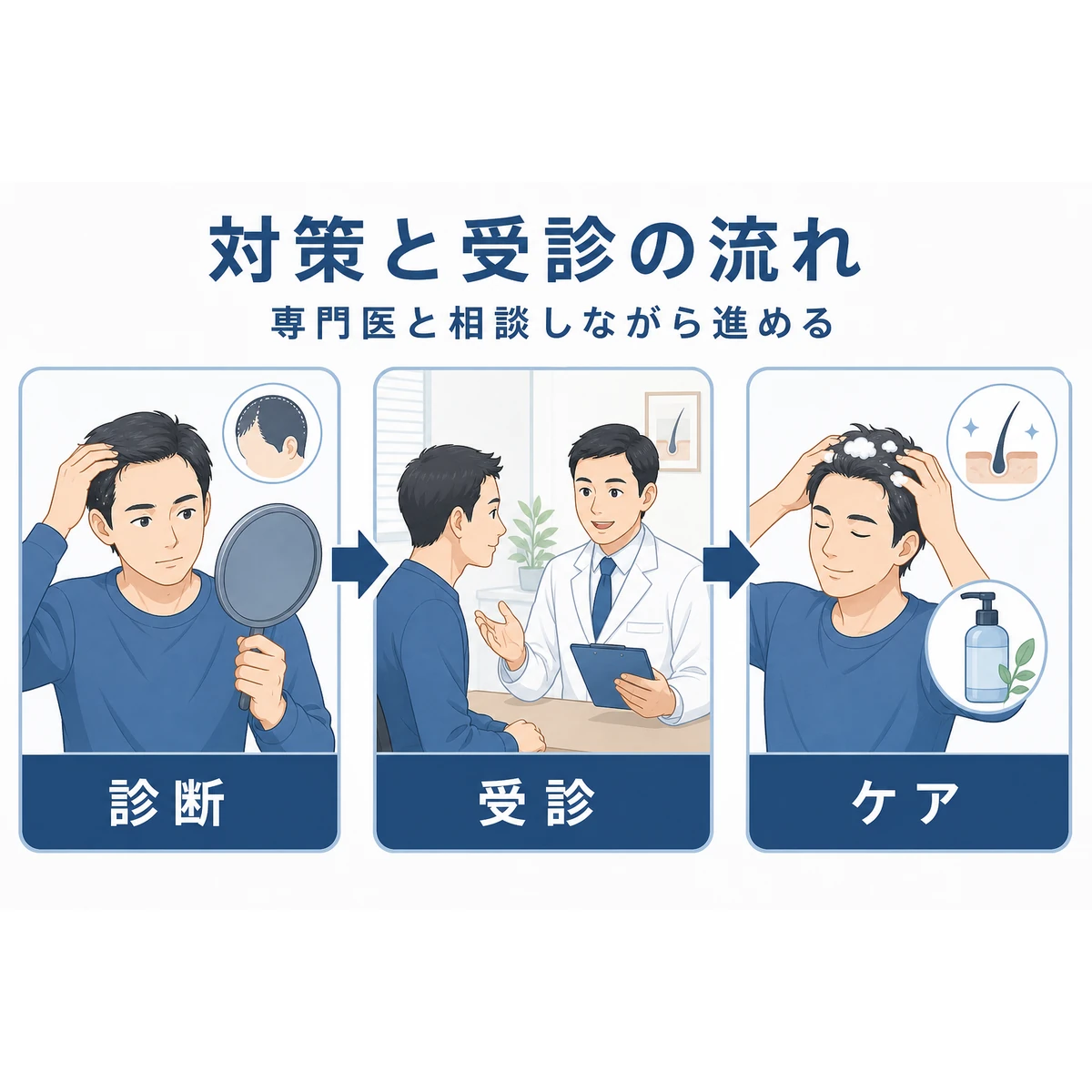 セルフ診断から受診と頭皮ケアへ進む対策の流れを示した医療イラスト