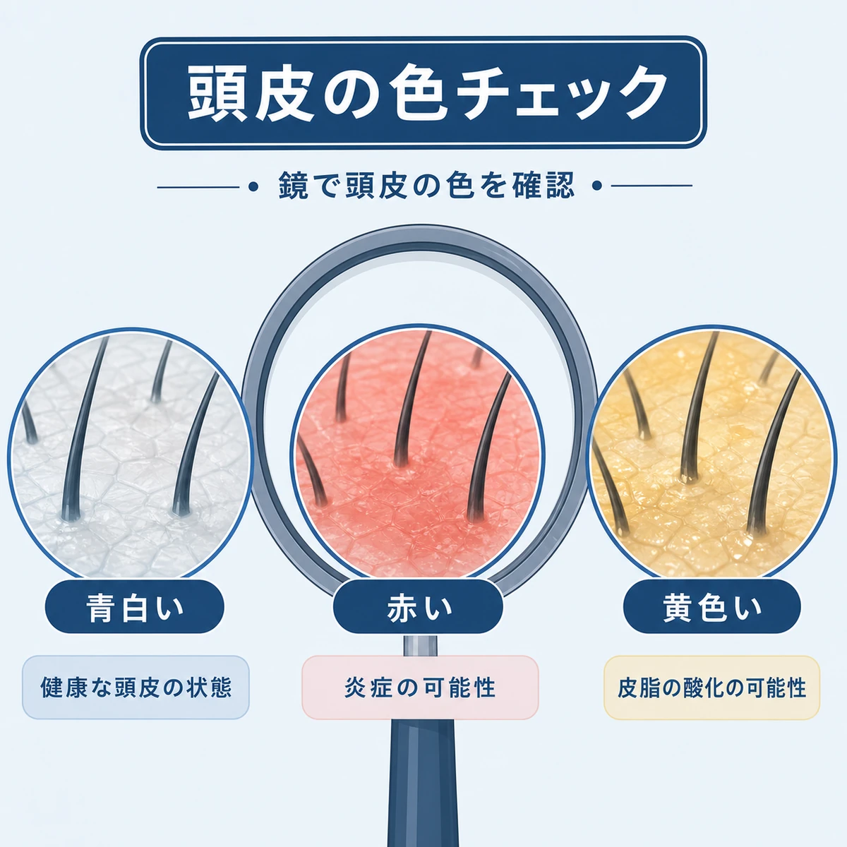 青白い頭皮と赤い頭皮と黄色い頭皮を見比べるセルフチェックの医療イラスト
