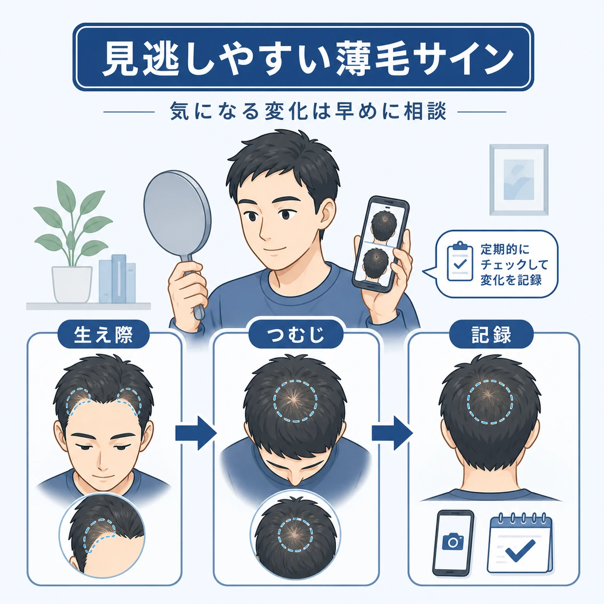 生え際やつむじの変化を記録して早めに気づく自己チェックの医療イラスト