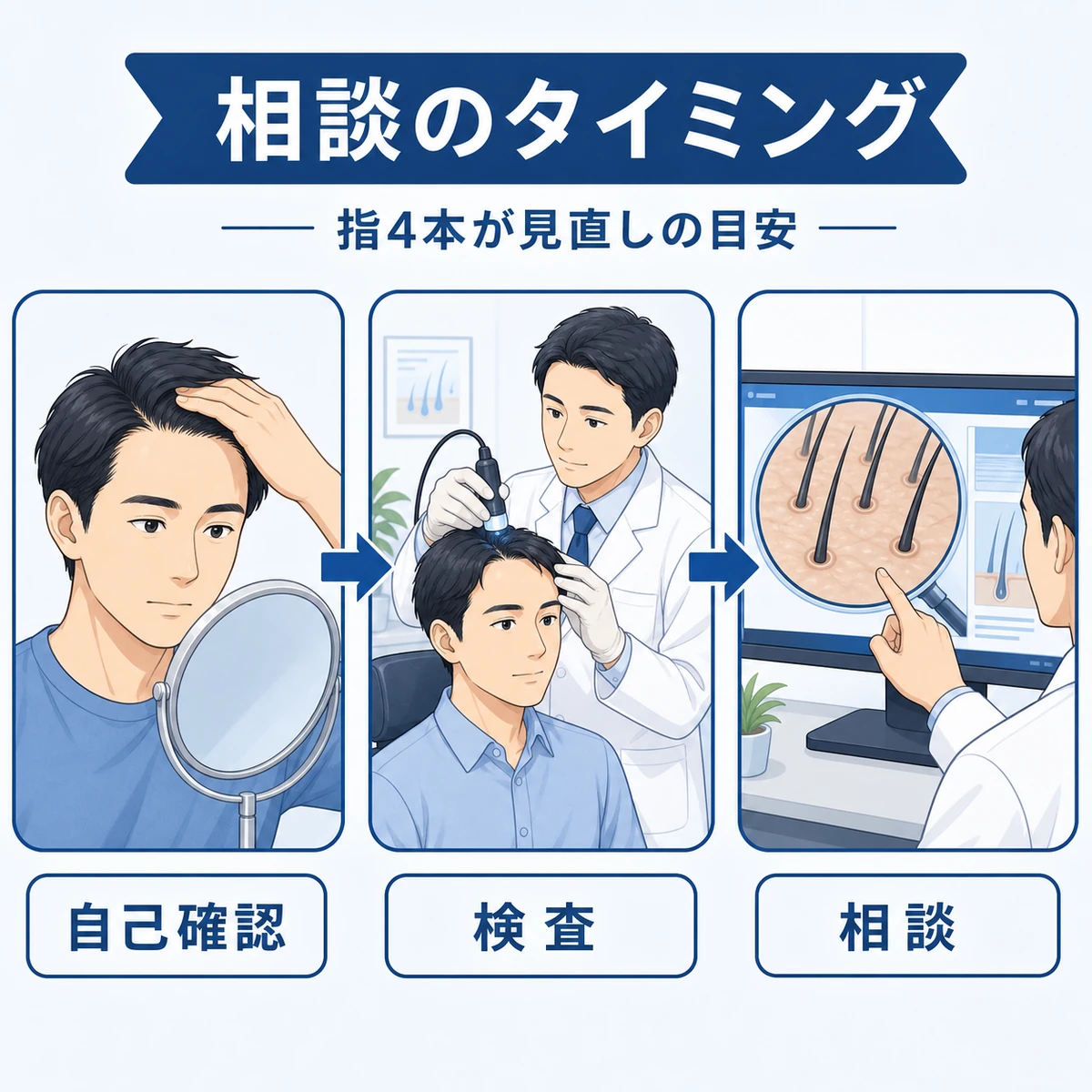 セルフチェックからマイクロスコープ診断へ進む流れを表した医療イラスト