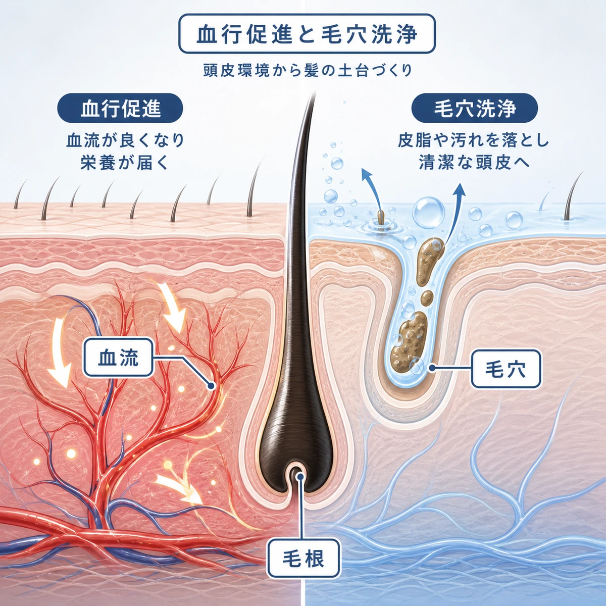 ヘッドスパによる血行促進と毛穴洗浄で頭皮環境が整うしくみを表した医療イラスト