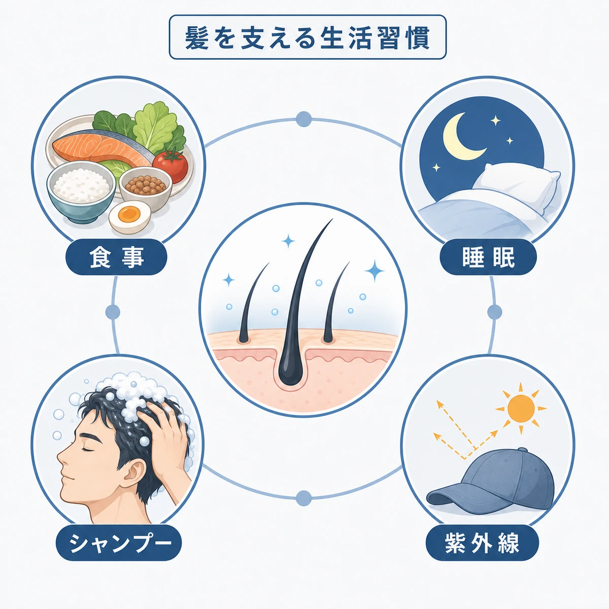 食事や睡眠など頭皮の健康を支える毎日の生活習慣を表した医療イラスト