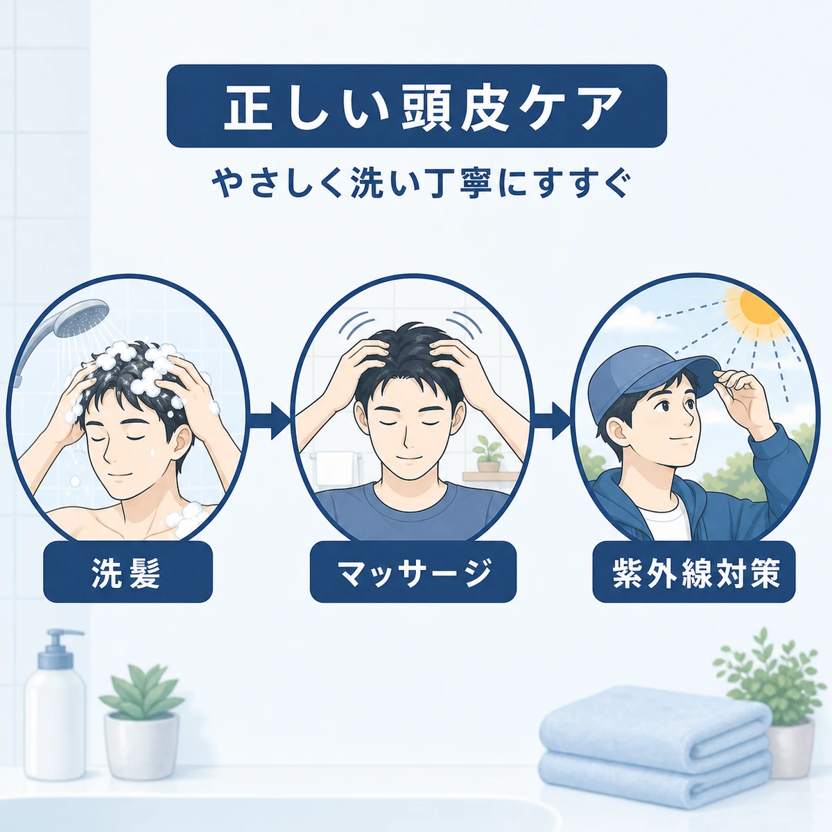 洗髪からマッサージ、紫外線対策まで頭皮ケアの手順を順に描いた医療イラスト