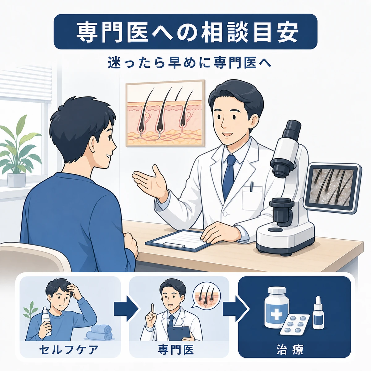 セルフケアから専門医の受診へ進む相談の流れを描いた医療イラスト