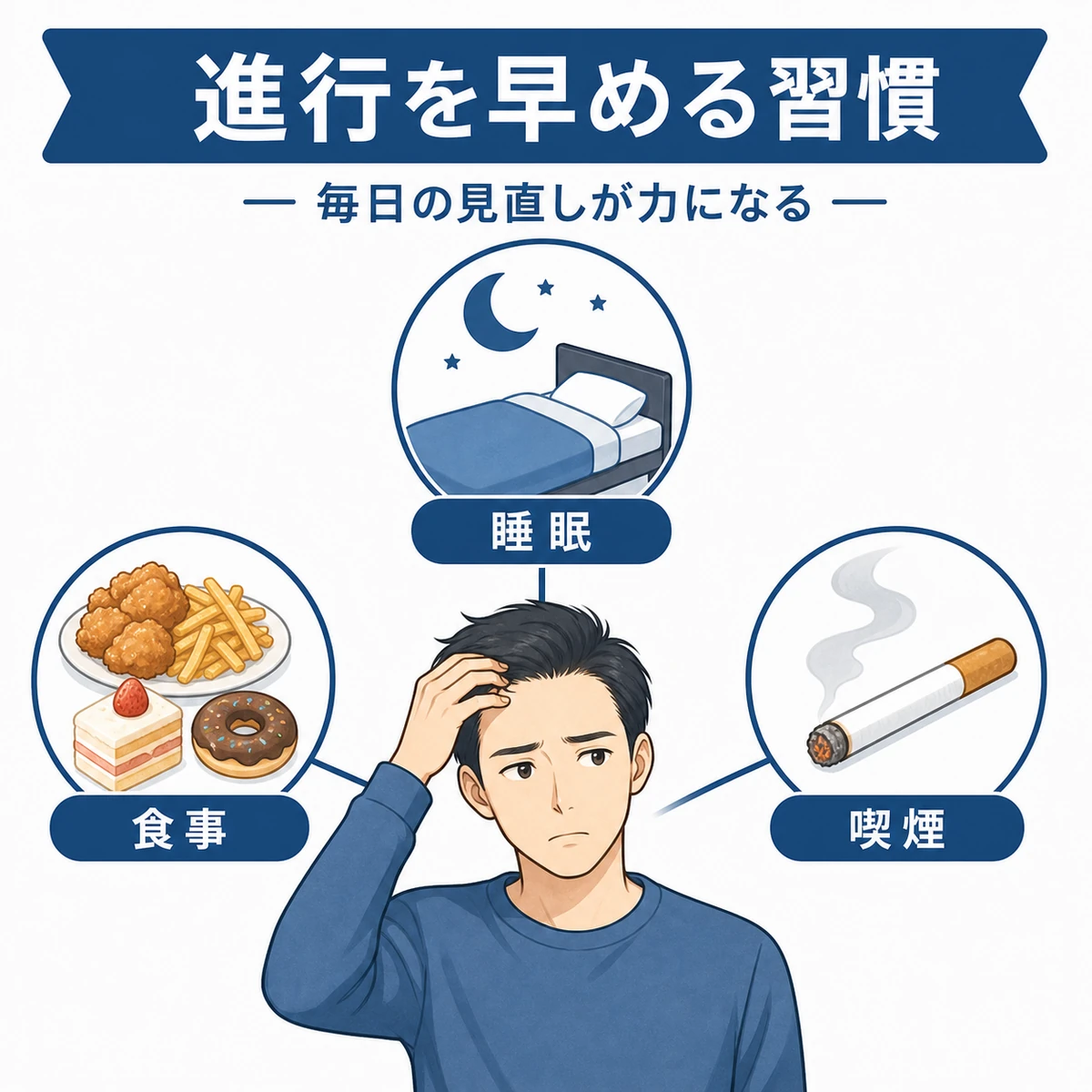睡眠や食事、喫煙が薄毛の進行に関わることを示した生活習慣の医療イラスト