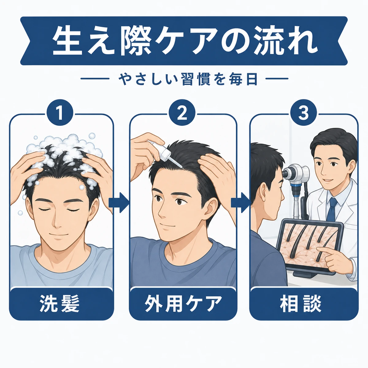 洗髪から外用ケア、専門家への相談までの生え際対策の流れを表した医療イラスト