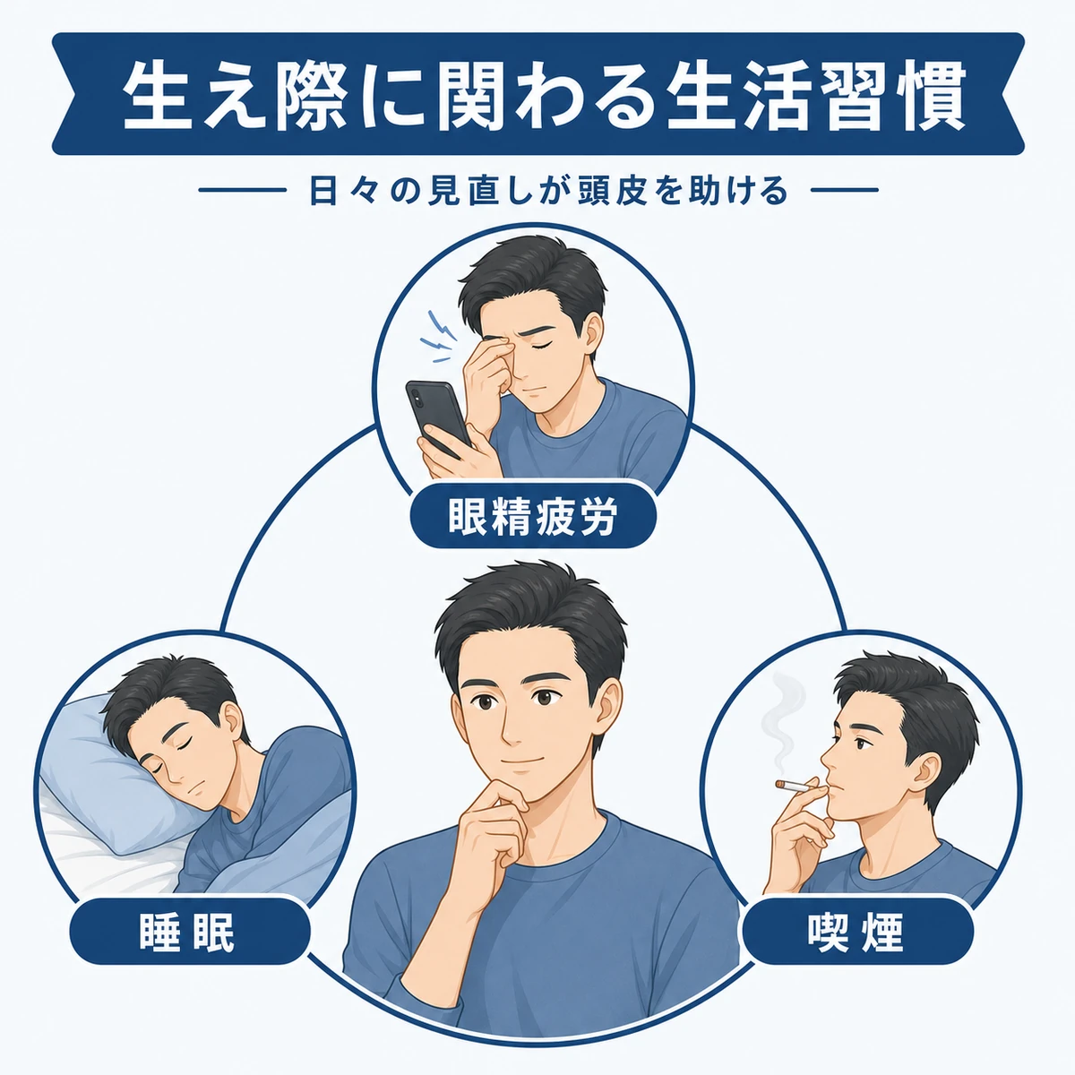 成人男性を中心に生え際へ関わる生活習慣をまとめた医療イラスト