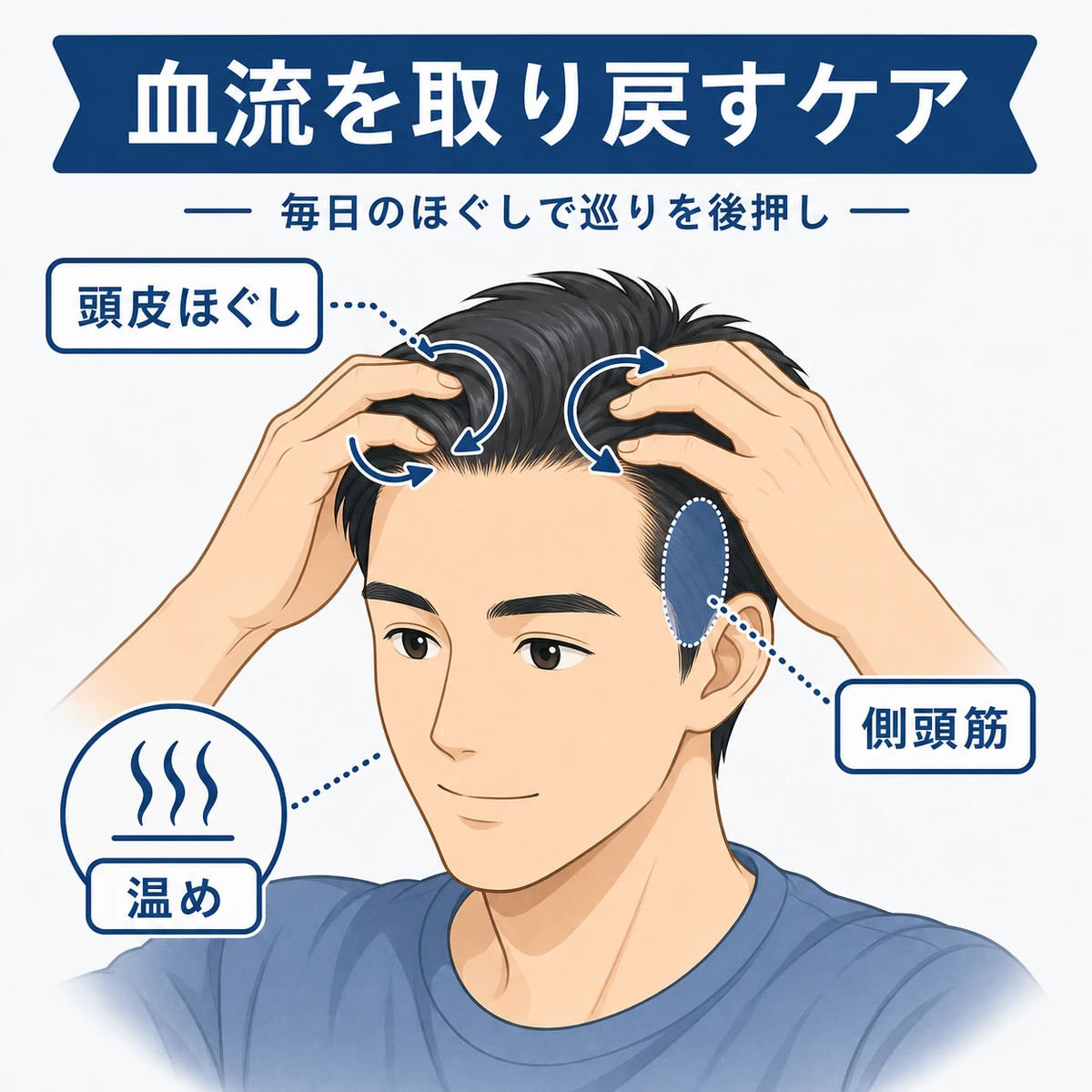 成人男性が頭皮をほぐして血流を促すケアを描いた医療イラスト