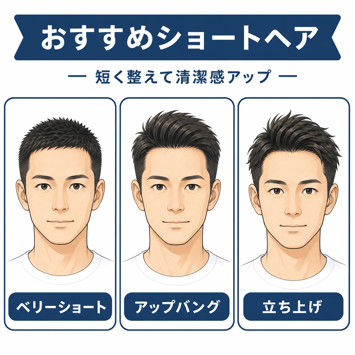 ベリーショートやアップバングなど額の広さを活かす男性向けショートヘアを並べたイラスト