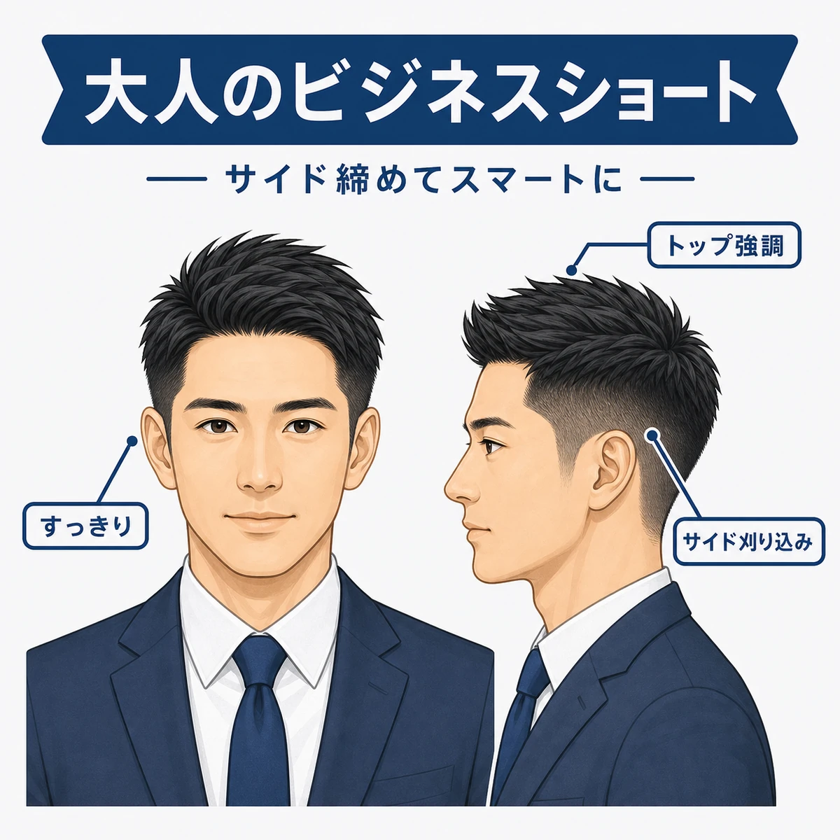 サイドを刈り込んだツーブロックのビジネス向けベリーショートを正面と横顔で見せた男性イラスト