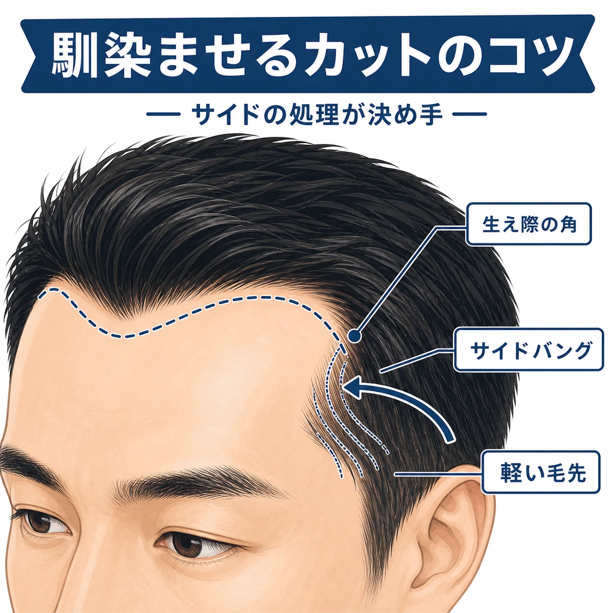 こめかみのサイドバングを寄せて生え際の角を馴染ませるカット手法を拡大して描いた男性向けイラスト