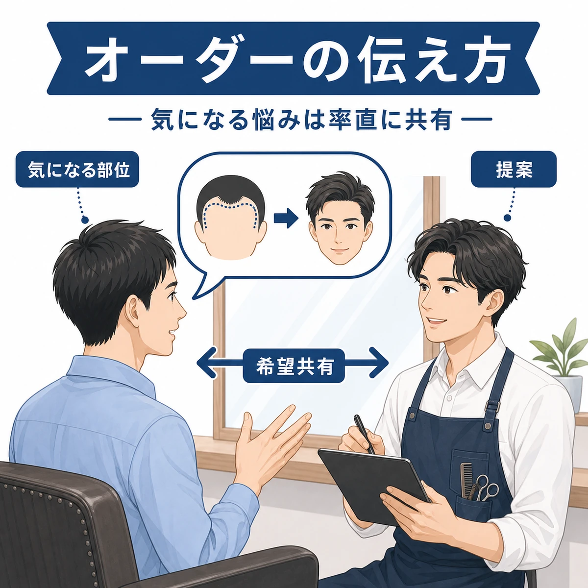 鏡の前で美容師に悩みや希望を伝える男性客のカウンセリング場面を描いたイラスト