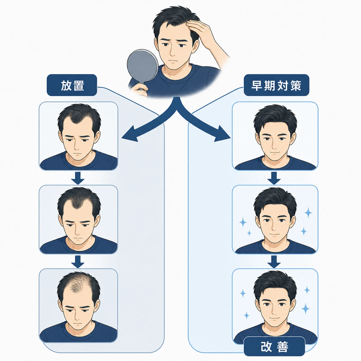 20代男性が放置した場合と早期対策した場合で生え際の経過が分かれる様子を表した医療イラスト