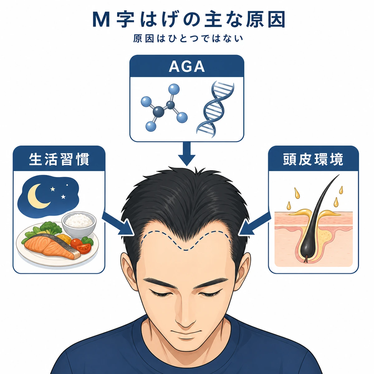 20代男性のM字はげに関わる遺伝・生活習慣・頭皮環境の3つの原因を結びつけた医療イラスト