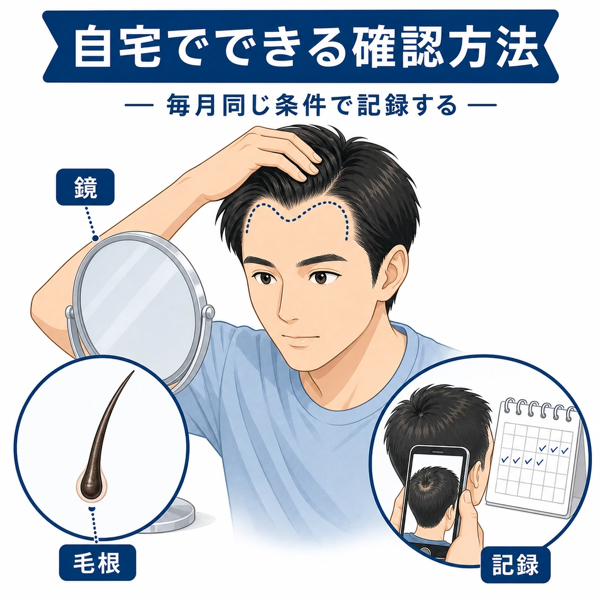 鏡での生え際確認と毛根観察、スマホ記録によるセルフチェック方法を表した医療イラスト