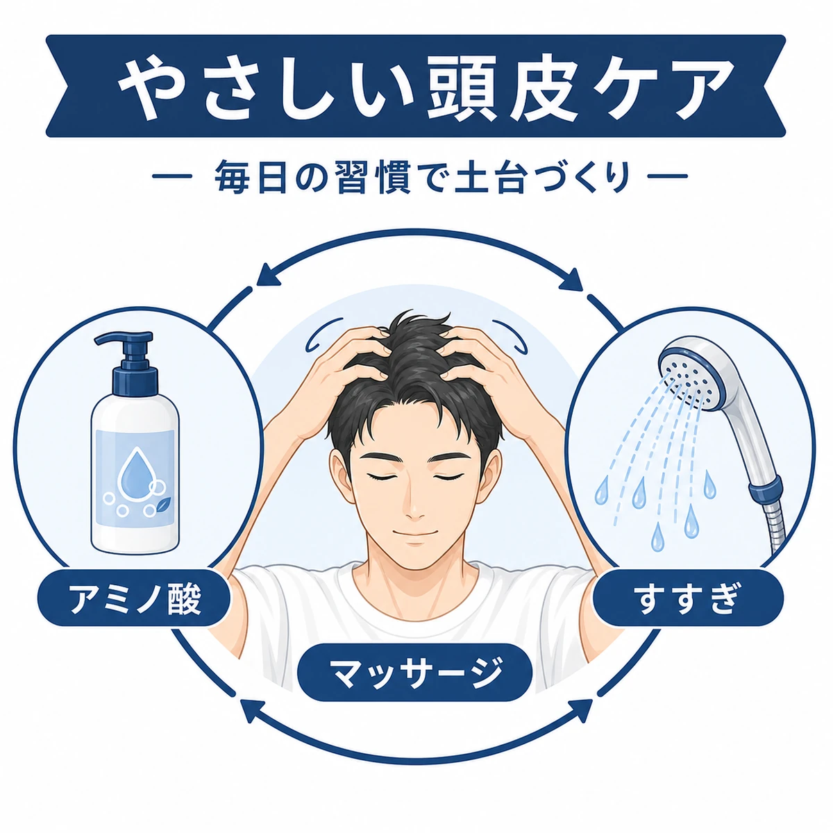 頭皮マッサージとアミノ酸系シャンプー選び、丁寧なすすぎによる頭皮ケアを表した医療イラスト